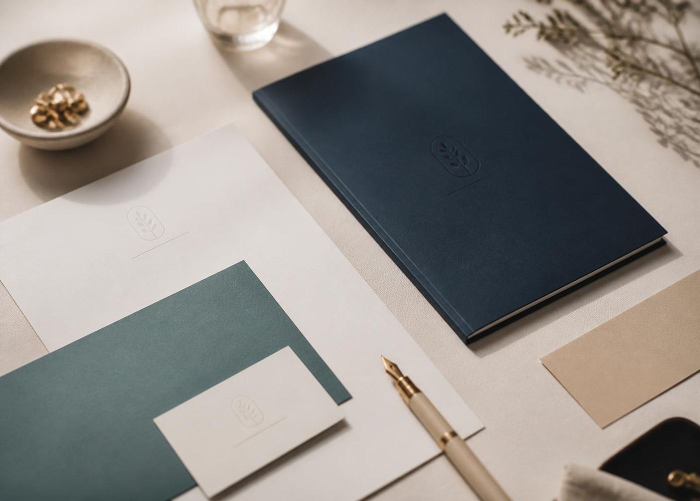 Printed brand stationery, a navy folder and colour swatches laid out on a calm desk.