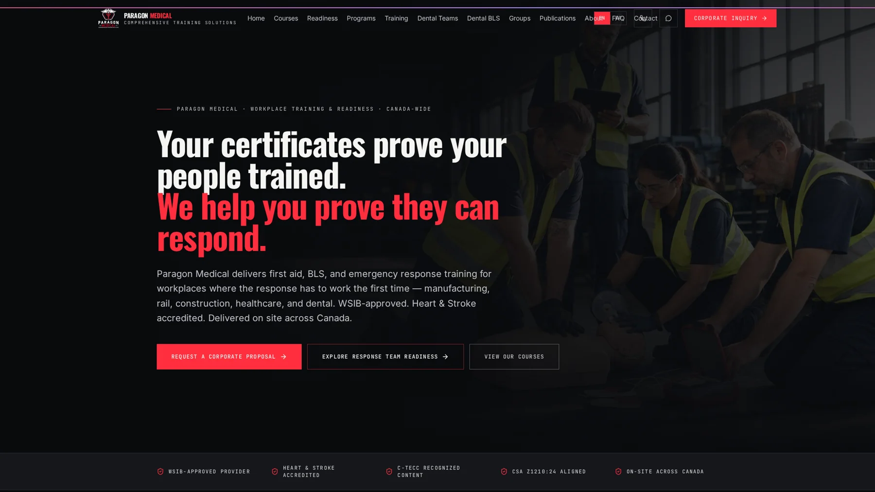 Paragon Medical website with workplace training and response readiness services.