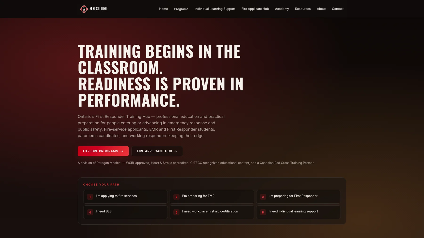 Rescue Forge website presenting responder education and learning programs.